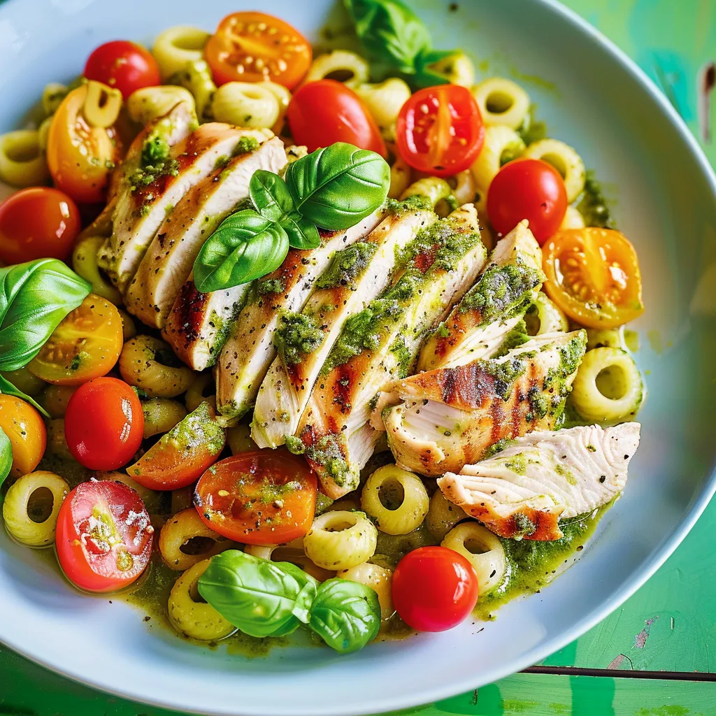 Macaronis savoureux au pesto et poulet