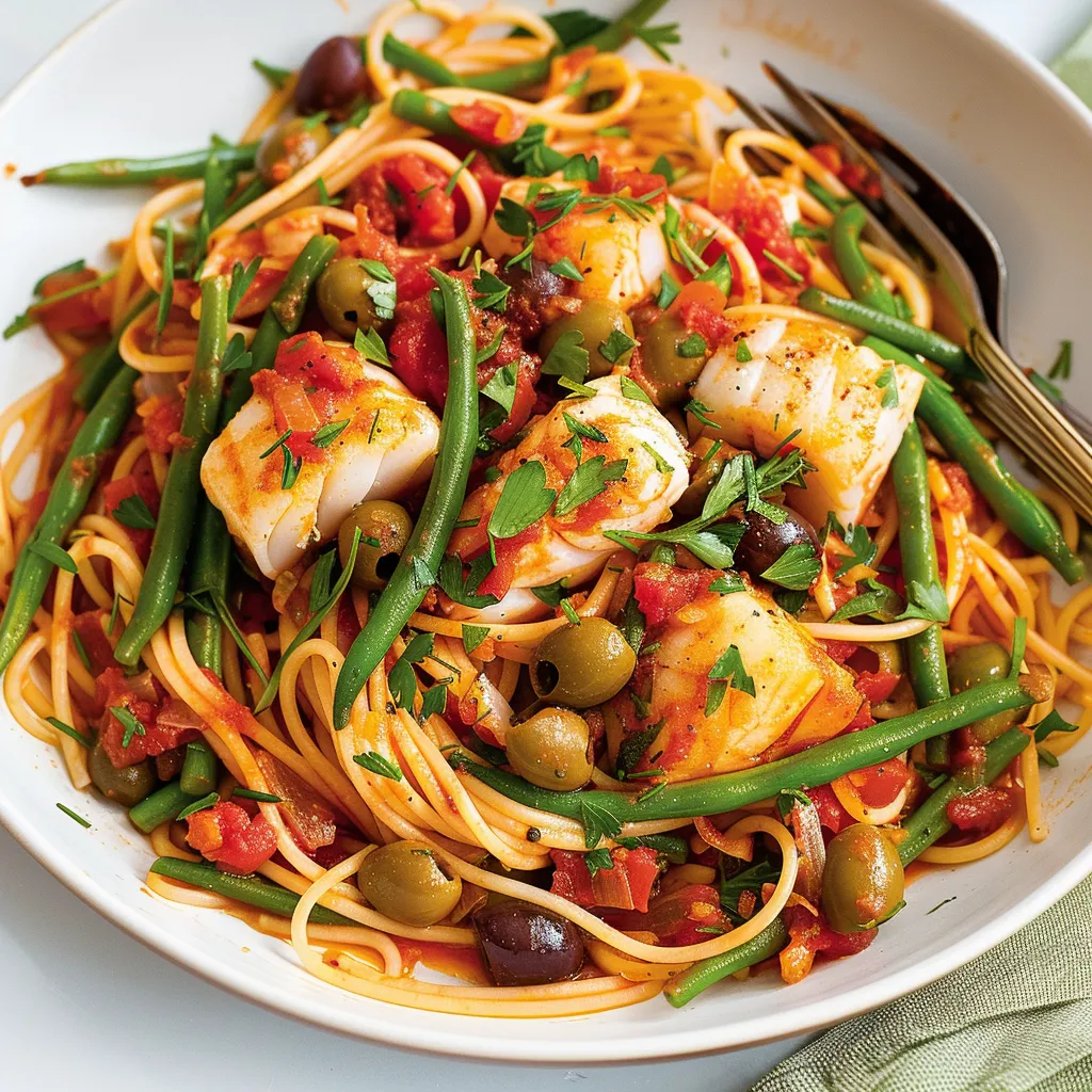 Spaghettinis à la morue et haricots verts