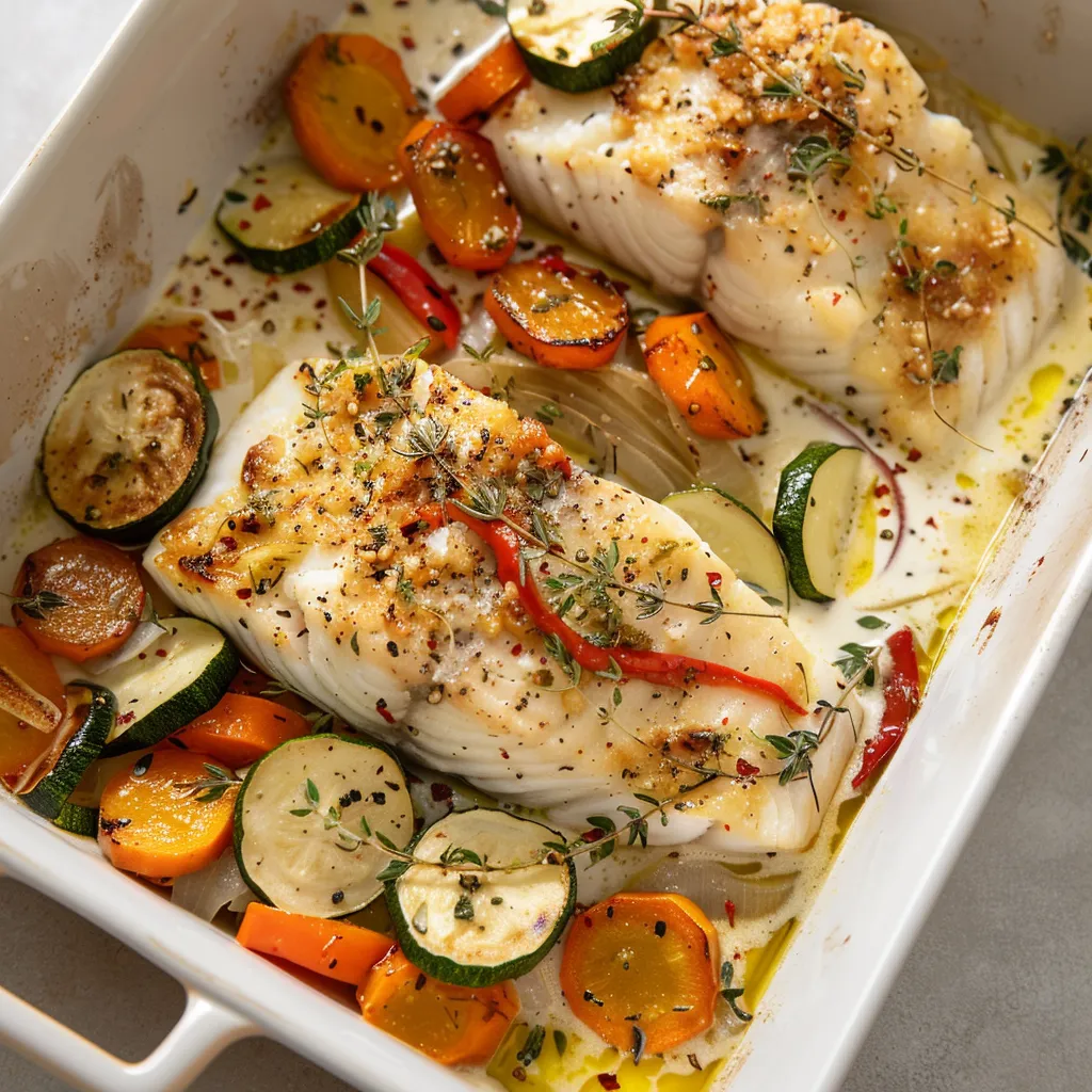 Cabillaud tendre rôti aux légumes, sauce onctueuse au four