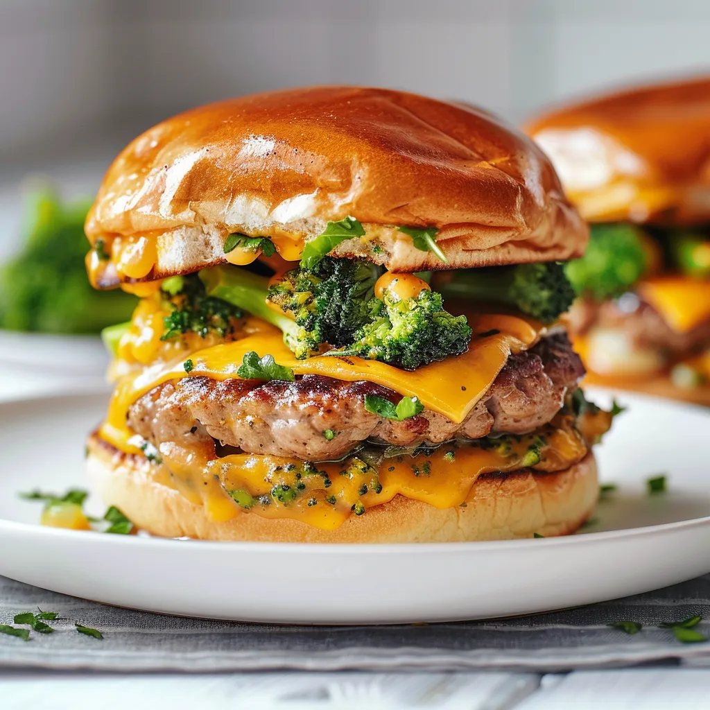 Délicieux cheeseburgers au porc et brocoli avec fromages fondants