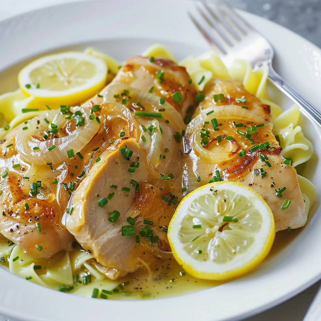 Poulet doré au citron et oignons mijotés