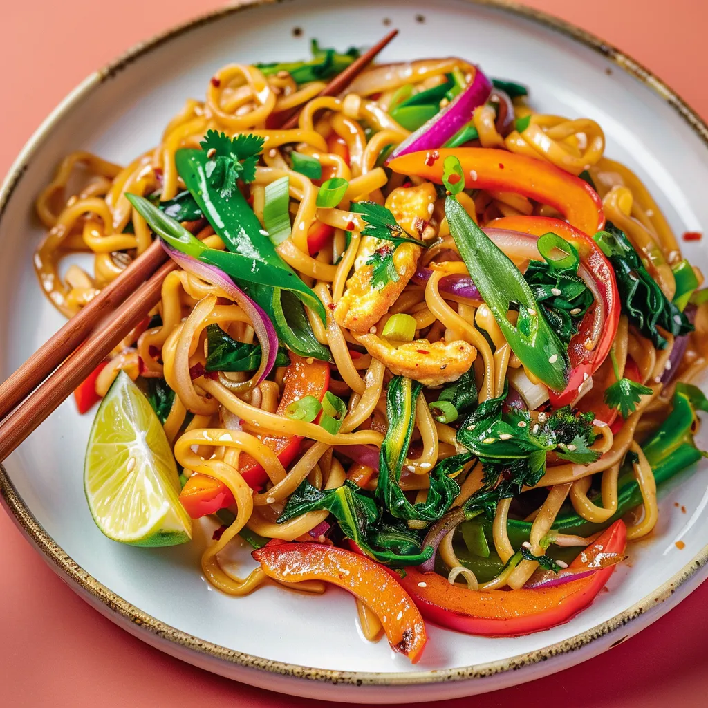Nouilles sautées aux légumes avec saveurs asiatiques