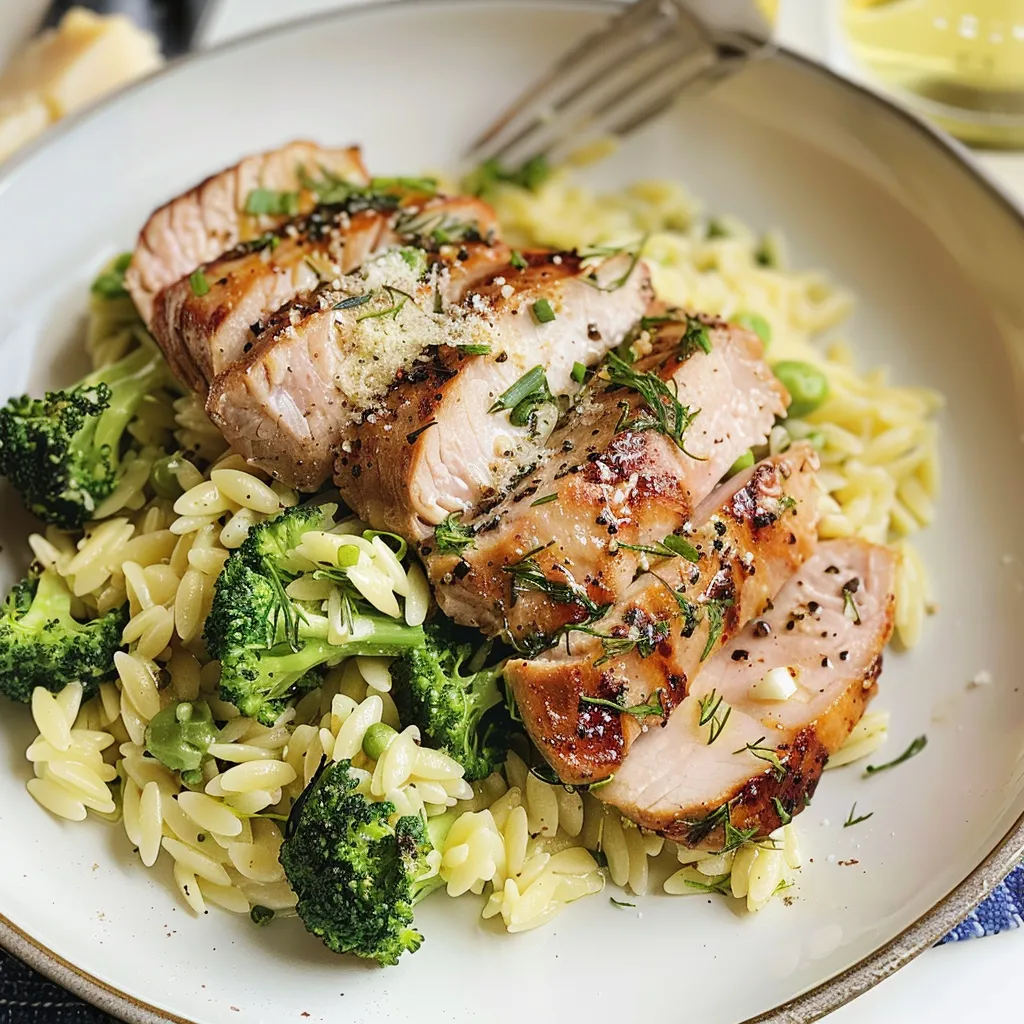 Orzotto, brocoli et porc épicé