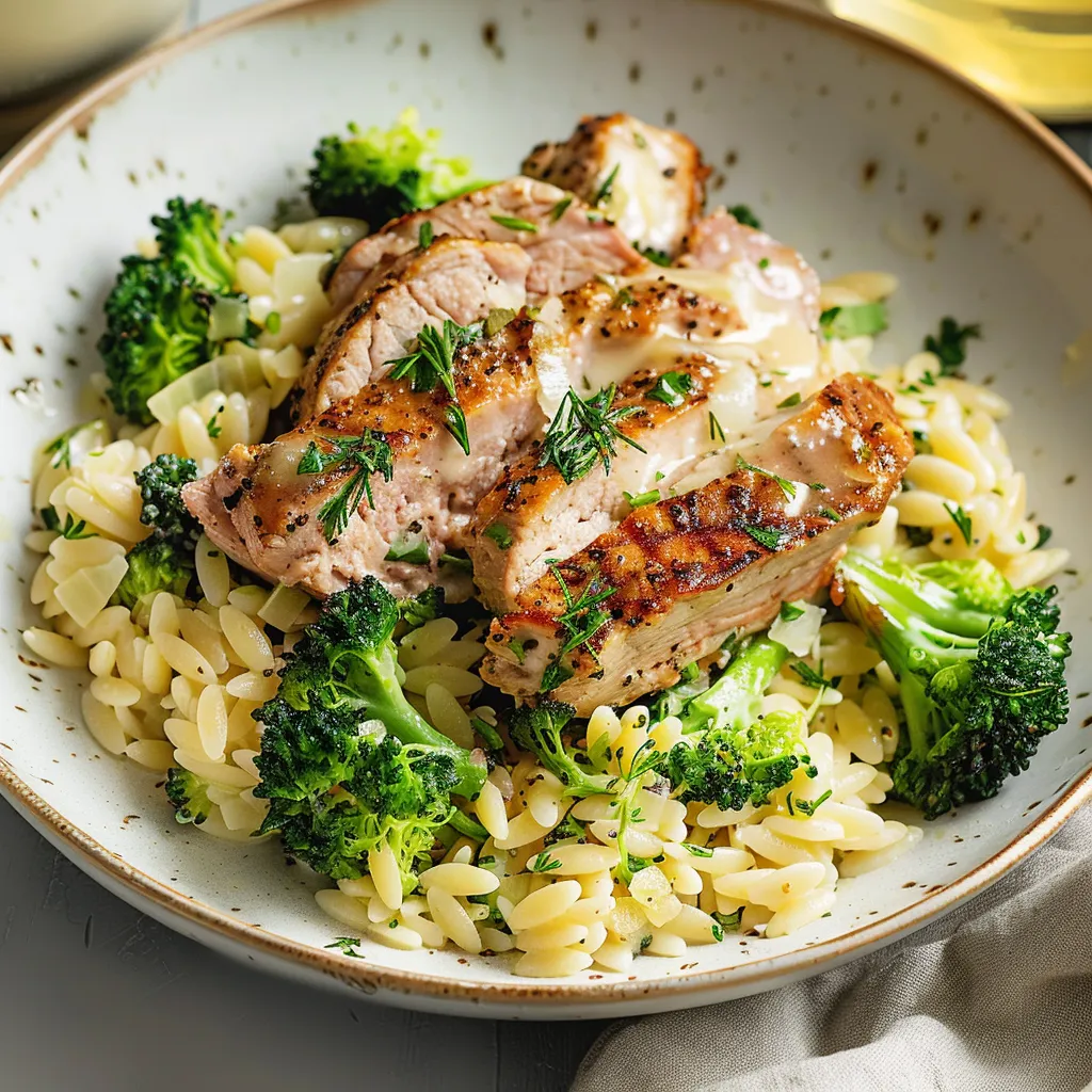 Orzotto au brocoli avec filet de porc aux épices savoureuses