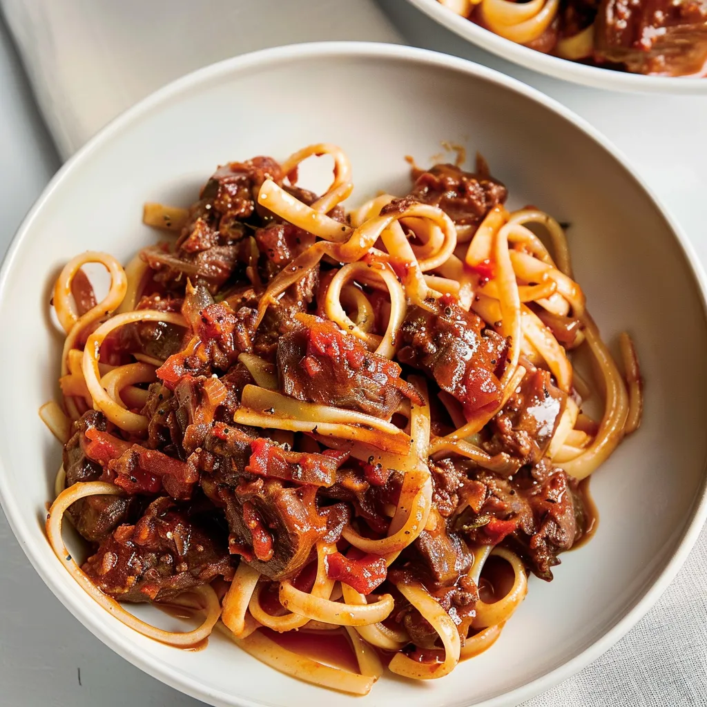 Linguines savoureuses au ragoût d’agneau et olives