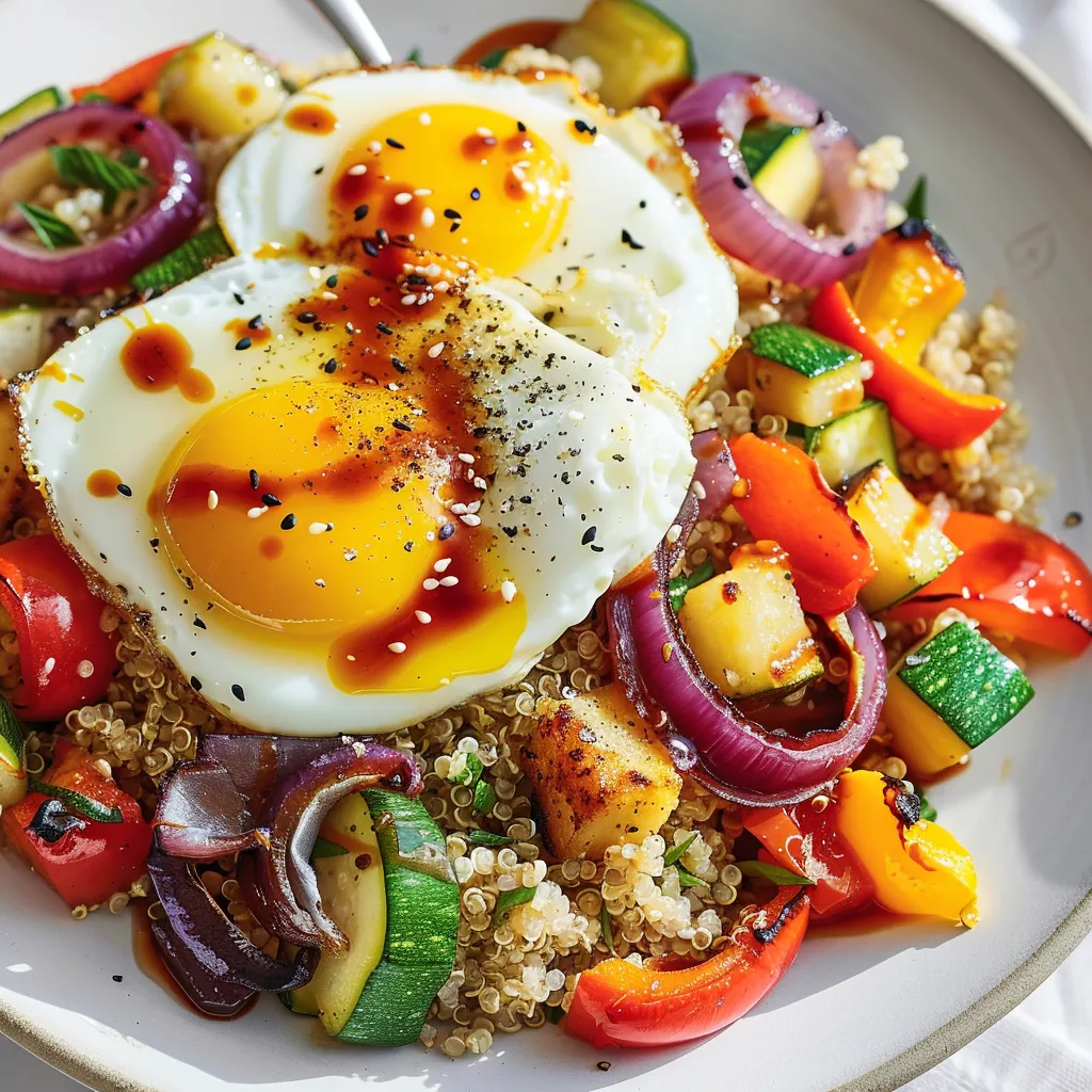 Œufs au plat avec légumes grillés au sésame