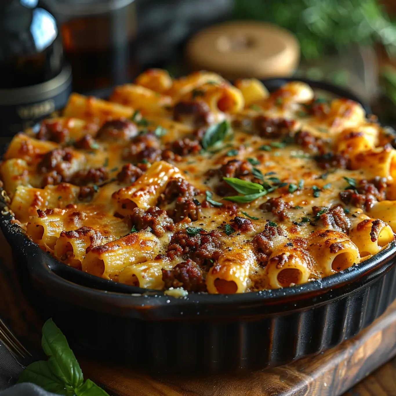 Une gratin pâtes bœuf fromage chaude et savoureuse, servie dans un plat en bois.
