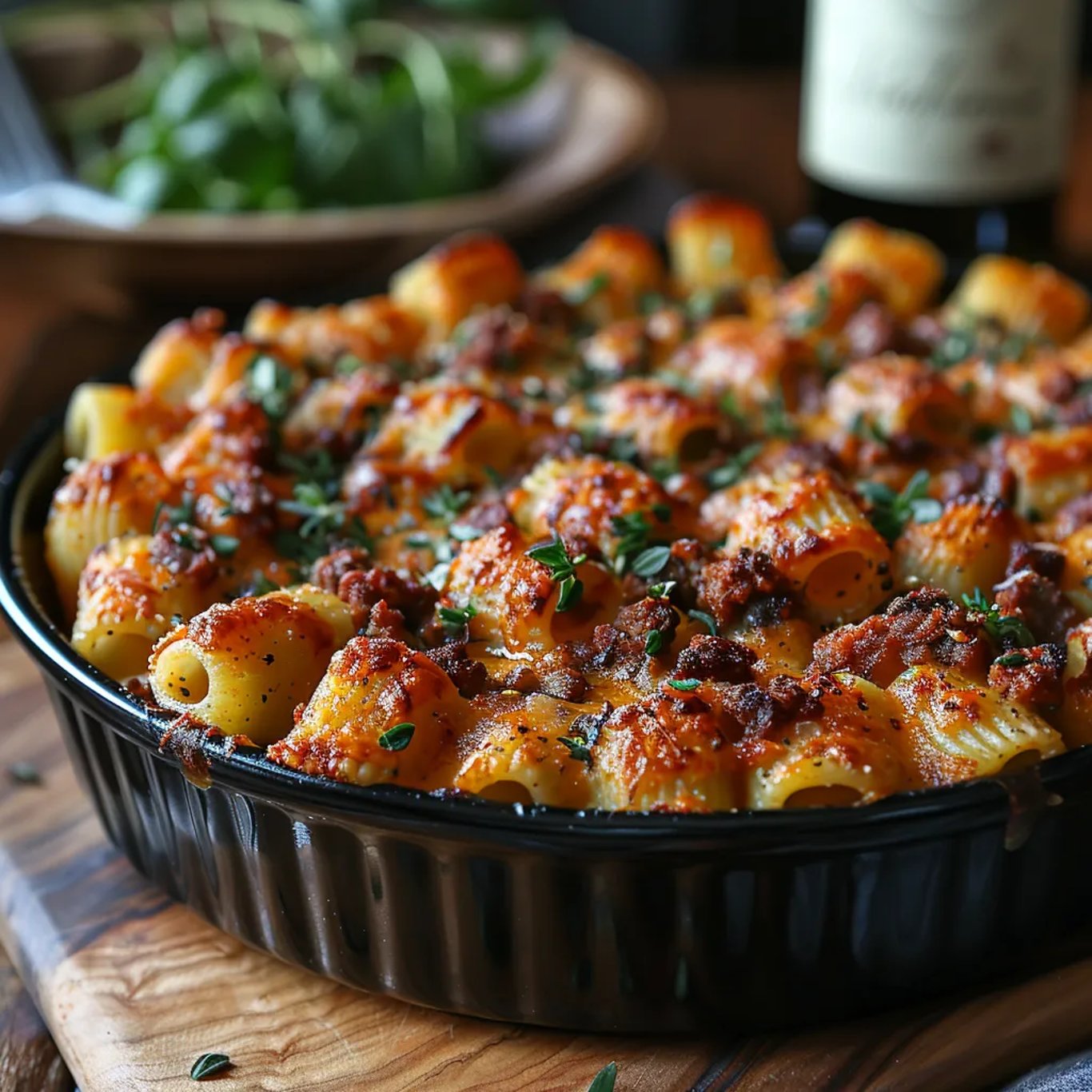 Une gratin pâtes bœuf fromage est servie sur une table.