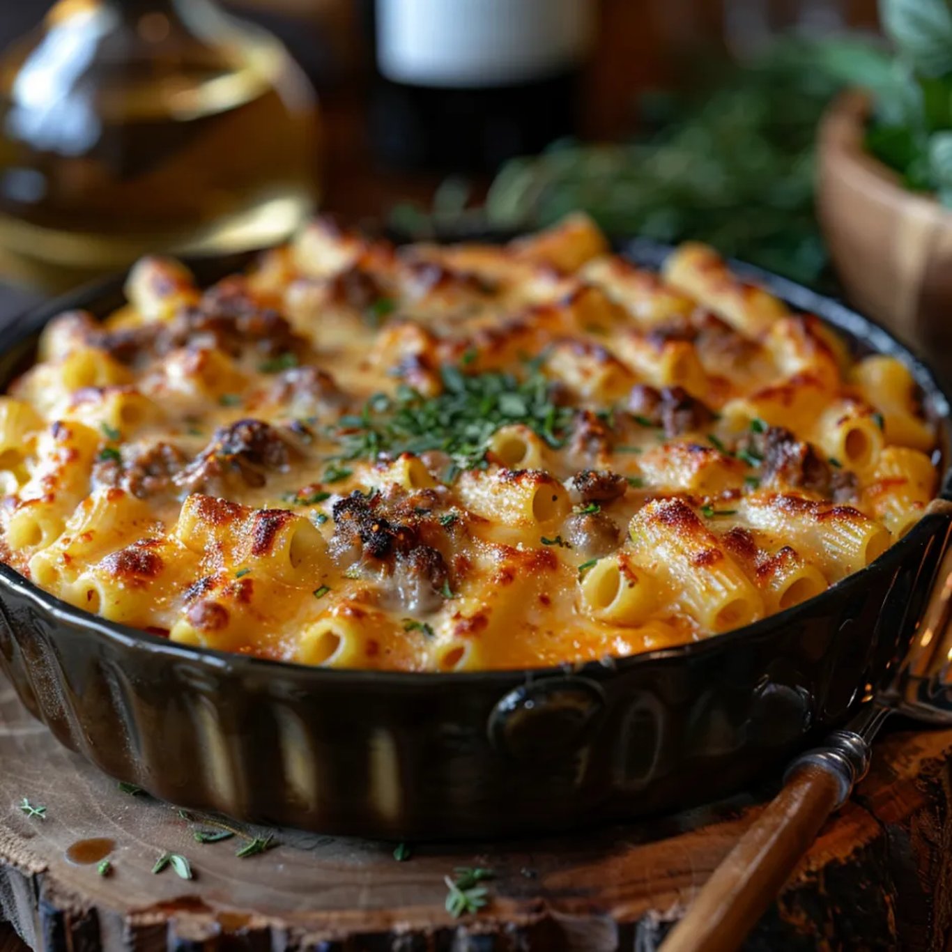 Une gratin pâtes bœuf fromage chaude et savoureuse, servie dans un bol en verre.