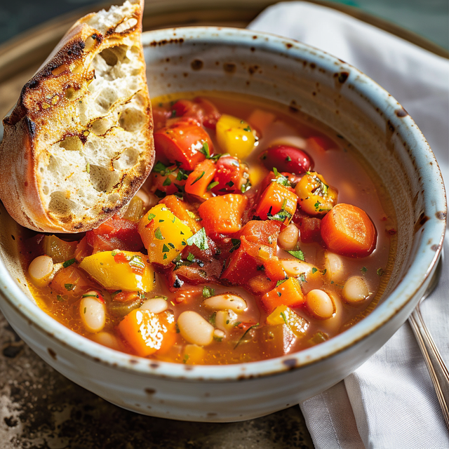 Une soupe aux légumes rôtis est servie dans un bol en céramique.