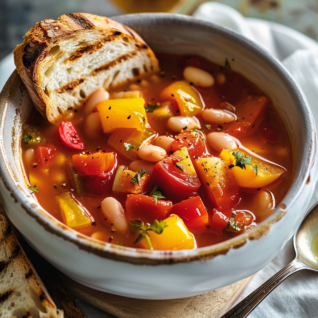 Une soupe chaude avec des légumes et du pain grillé.