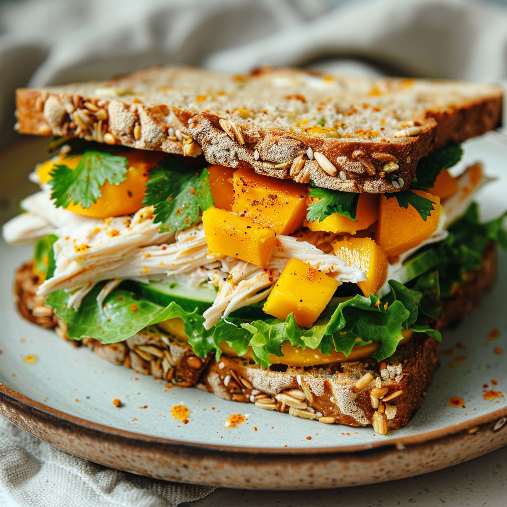 Un sandwich au poulet et aux mangues, avec des herbes et des graines, est présenté sur un plateau.