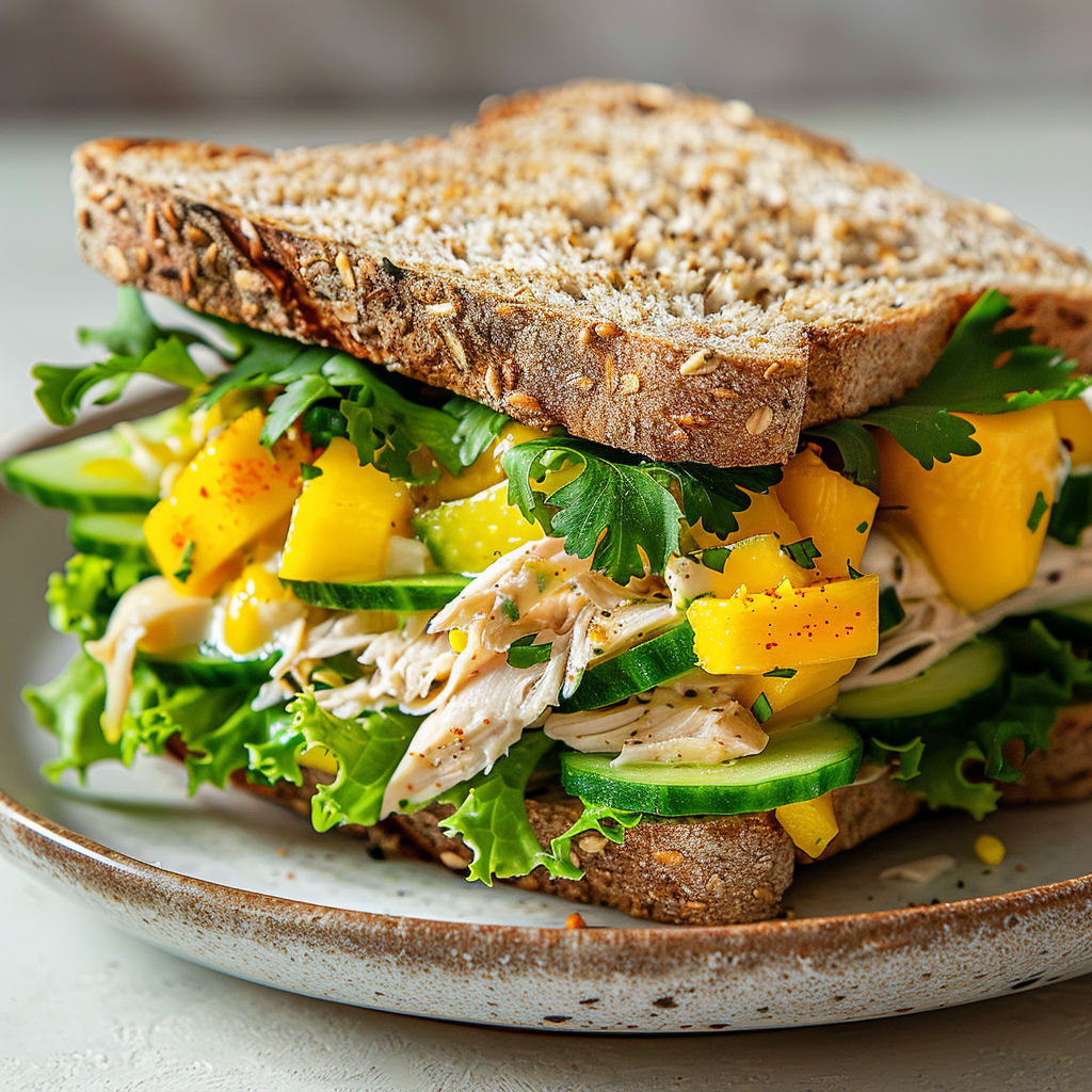 Un sandwich au poulet et à la mangue, avec des légumes verts et des cacahuètes, est prêt à être mangé.