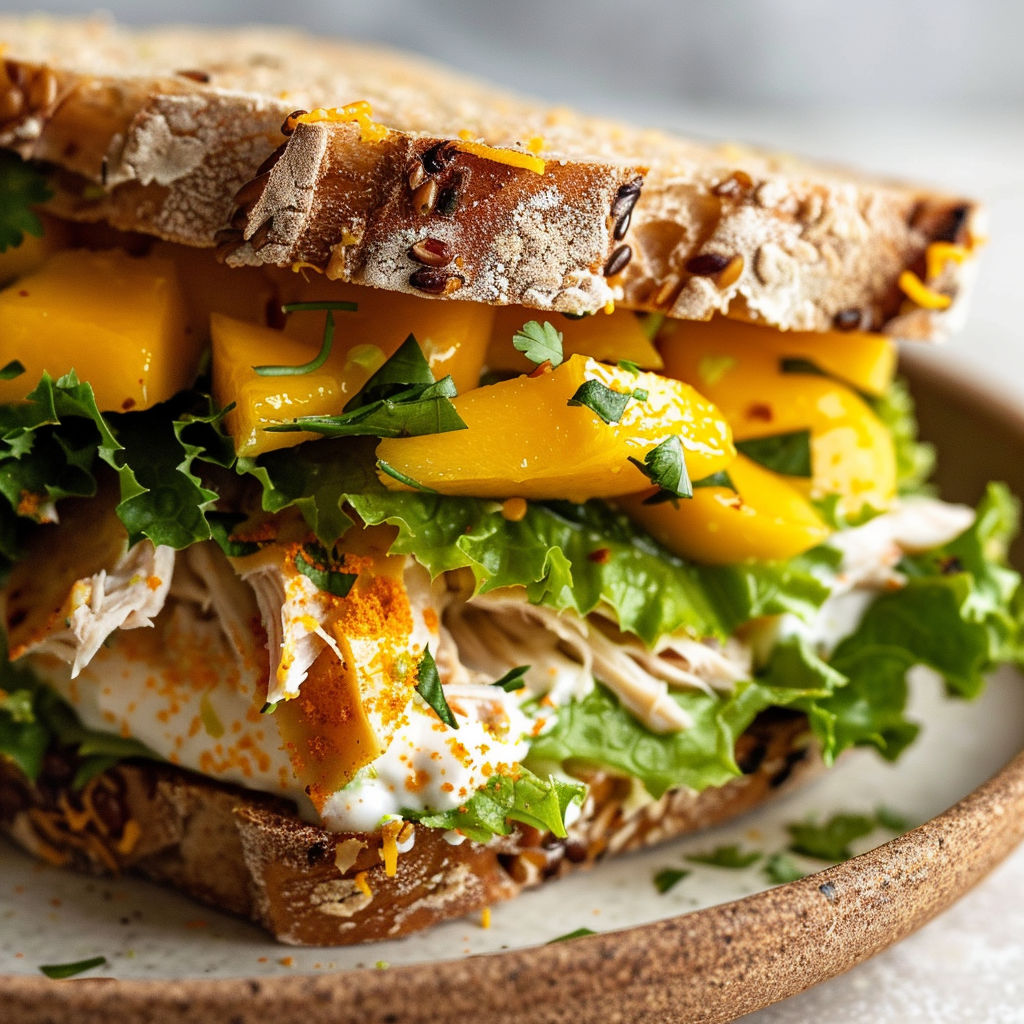 Un sandwich au poulet et mangue est présenté sur un plateau.