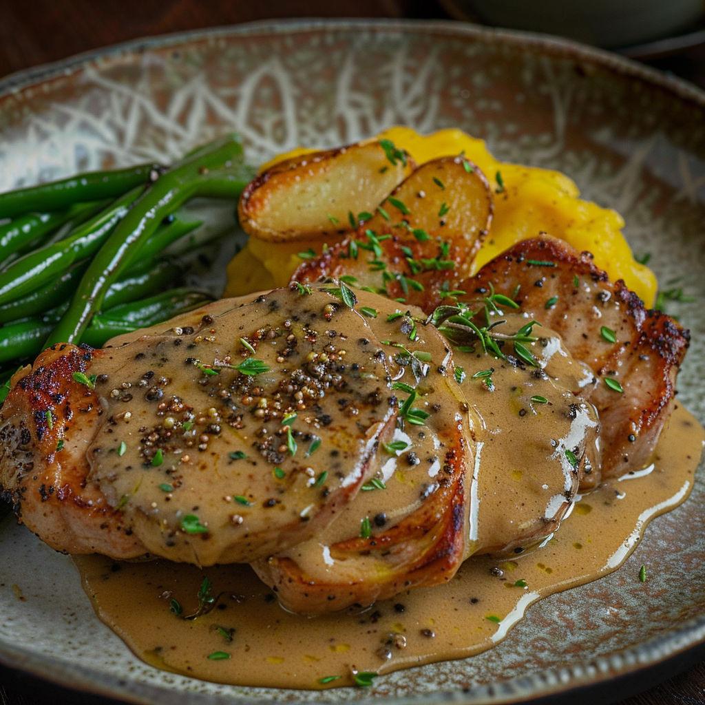Une assiette de porc grillé avec une sauce à la crème et à la moutarde.