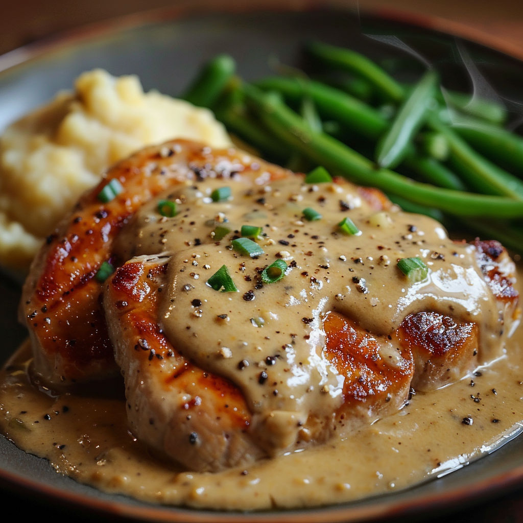 Une image de poulet à la crème, miel et moutarde, servie sur un plateau.