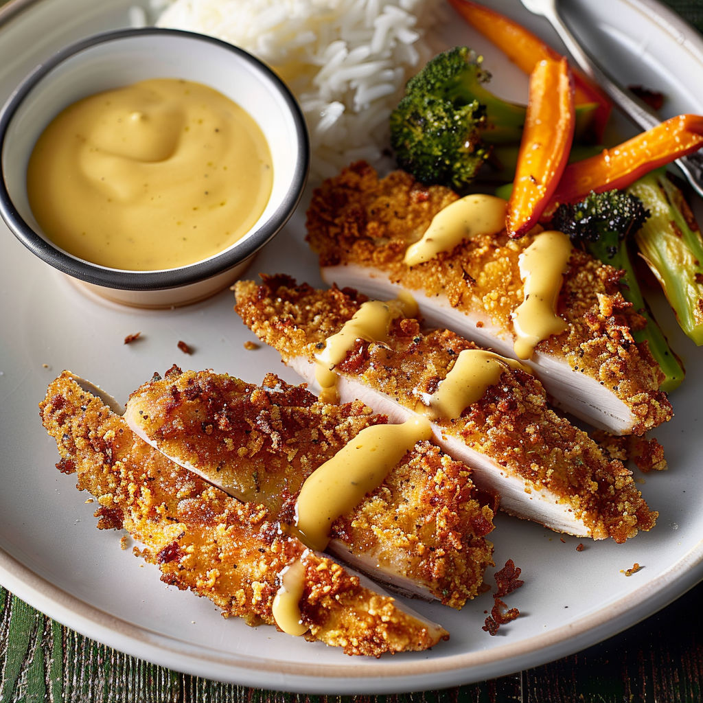 Une assiette de filets de dinde croustillants, sauce miel et moutarde, accompagnés de légumes grillés et de yaourts.