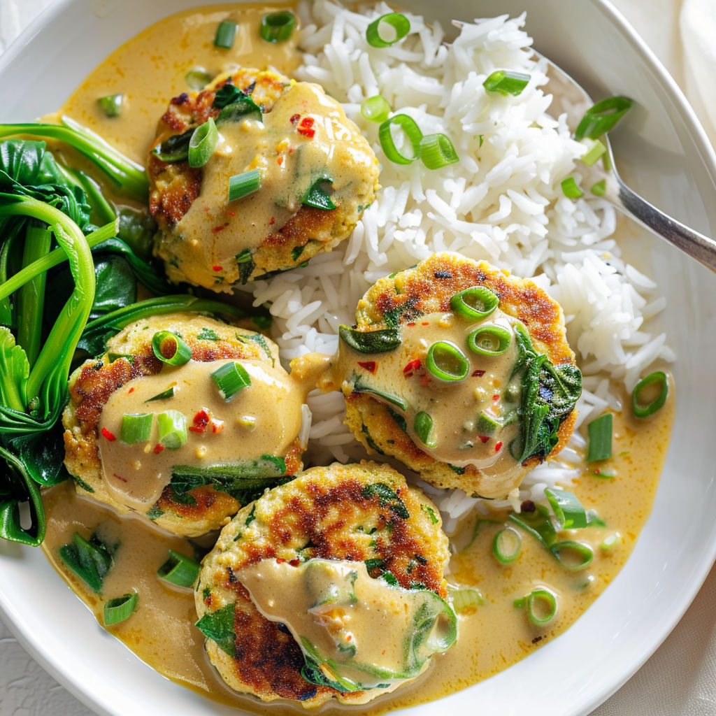 Une assiette de galettes de tofu et de dinde au lait de coco, accompagnées de légumes verts.