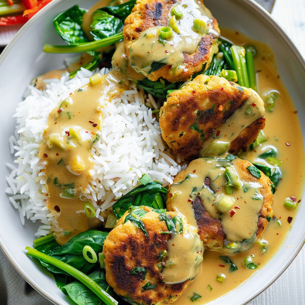Une assiette de galettes de tofu et dinde, dorées et nappées d'une sauce coco-cari parfumée.