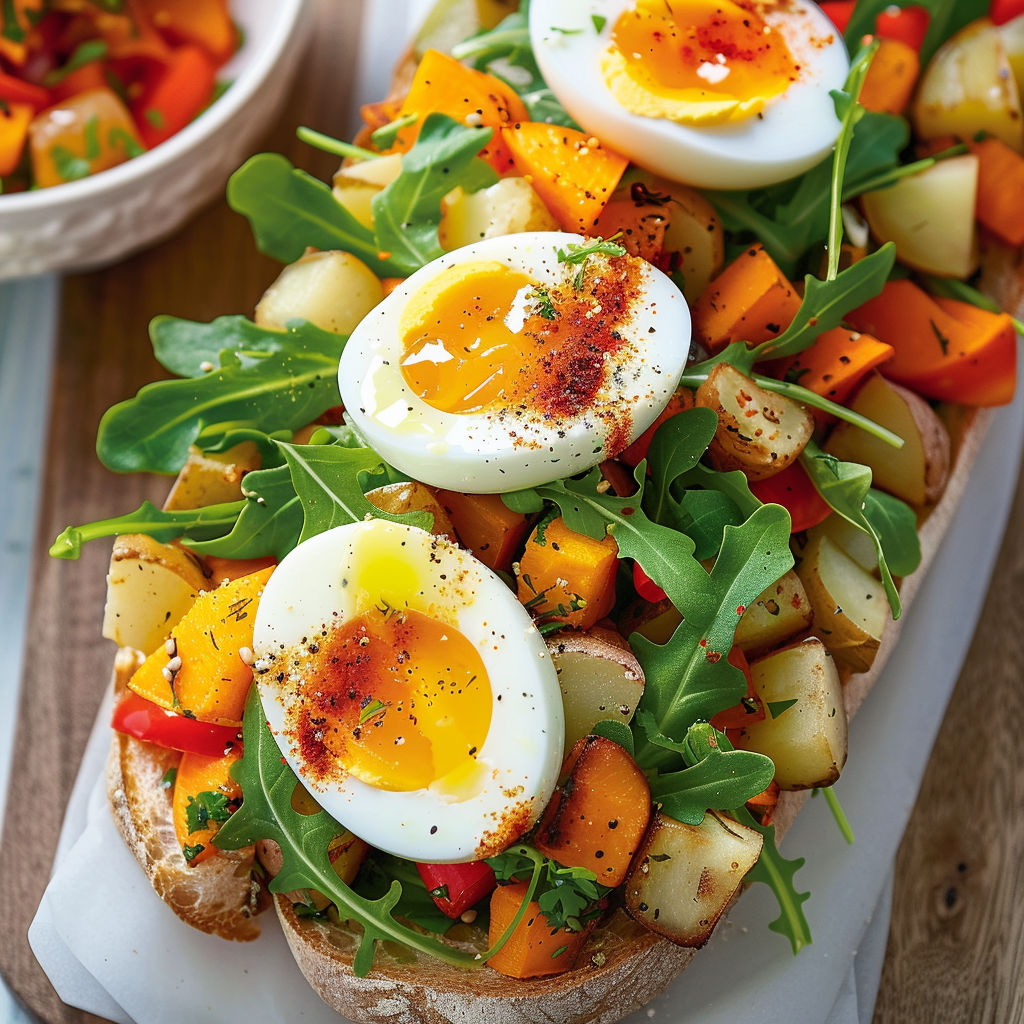 Un sandwich ouvert coloré, garni de légumes rôtis, roquette et œufs mollets.