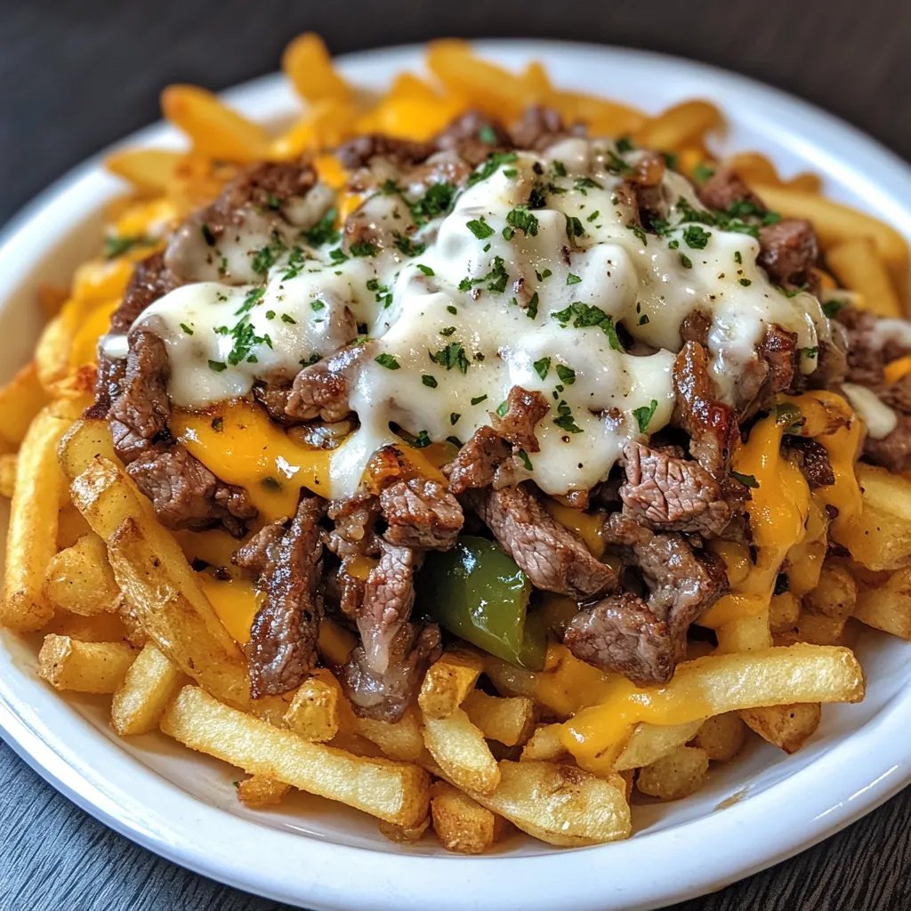 Une pile de frites steak fromage façon Philadelphie, avec des herbes et des épices, est servie sur un plateau en porcelaine.