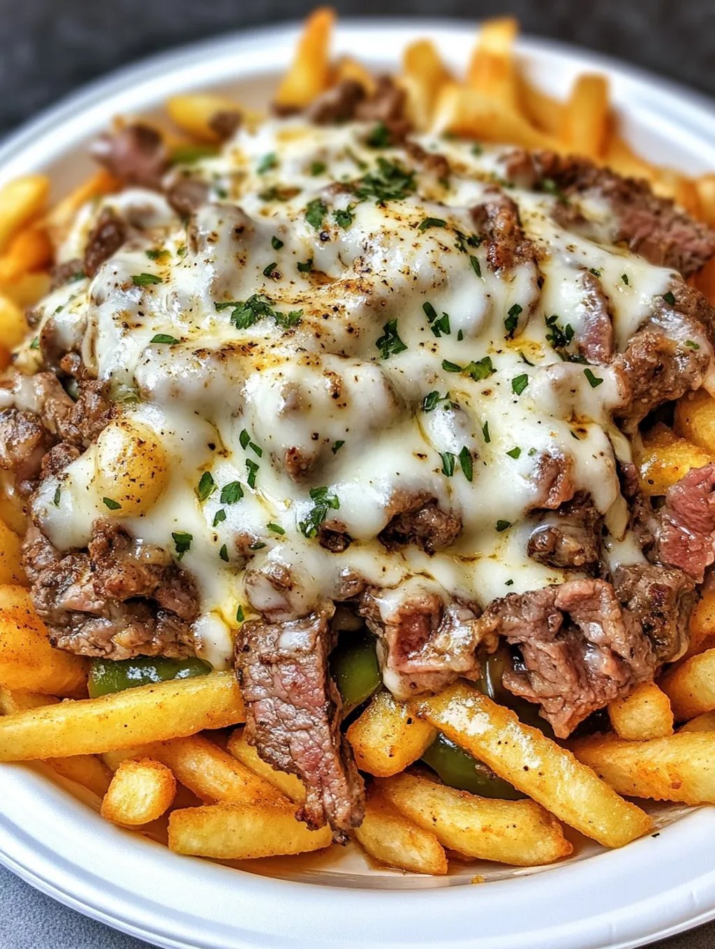 Une poêlée irrésistible : frites gaufre, steak émincé et fromage à burger gratiné.