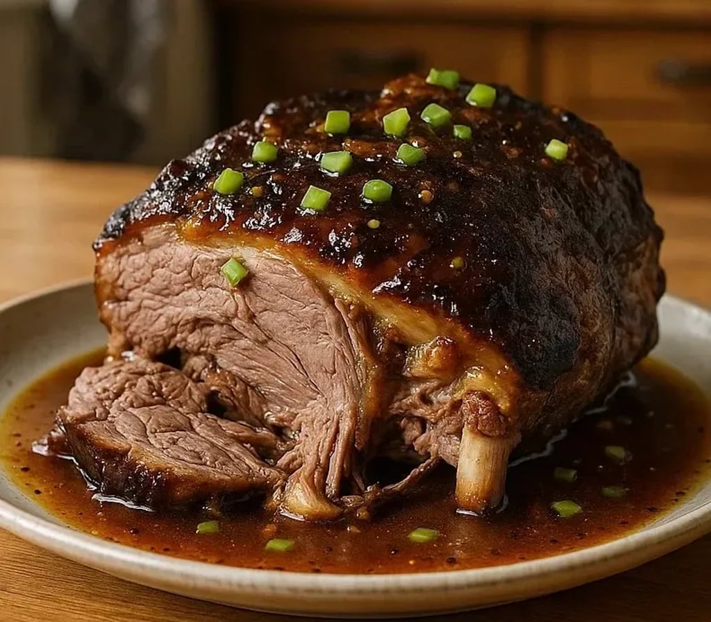 Une viande grillée avec des herbes vertes sur un plateau.