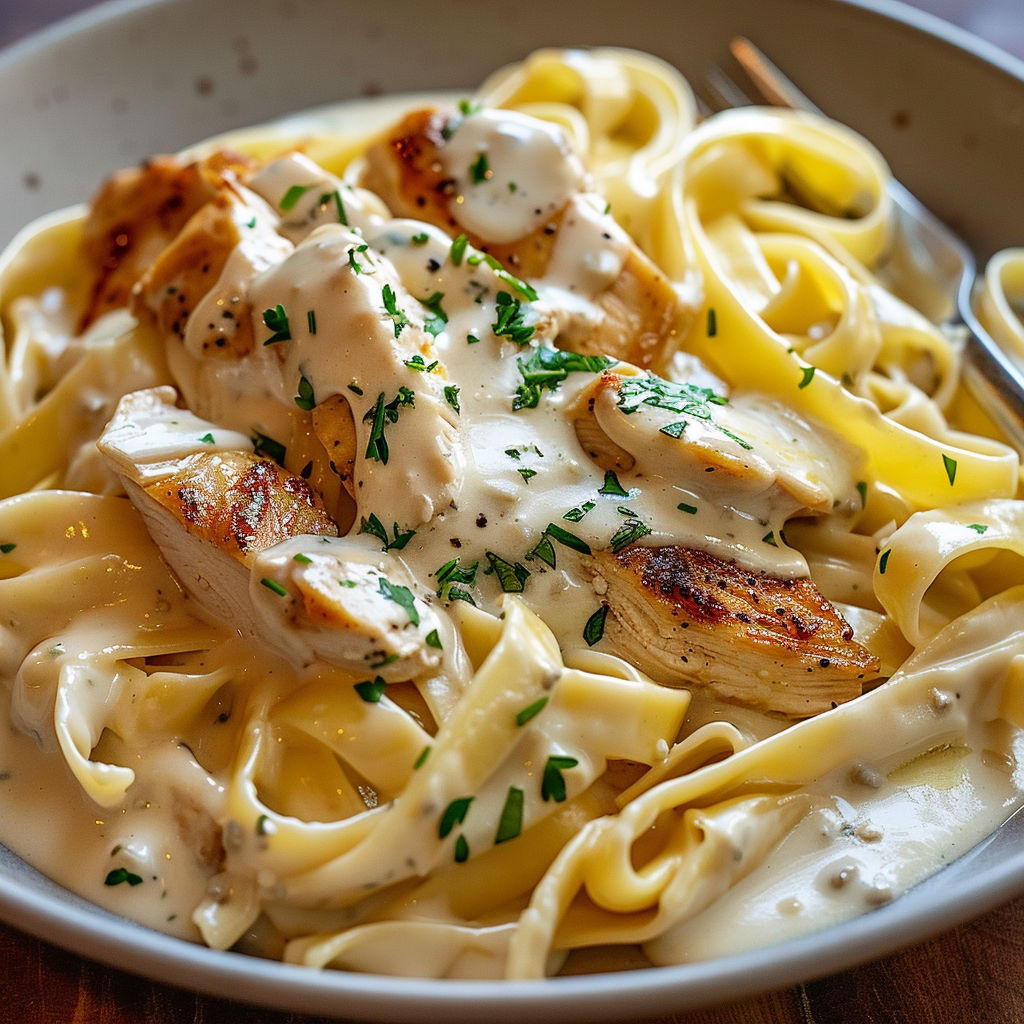 Une delicieuse préparation de tagliatelles crémeuses au poulet et fromage aux fines herbes, un classique réconfortant.