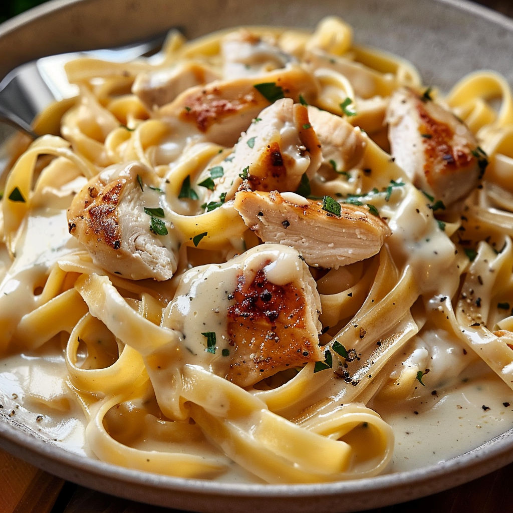 Une plate de pâtes fondantes au poulet et sauce ail et fines herbes, un dîner parfait en toute simplicité.