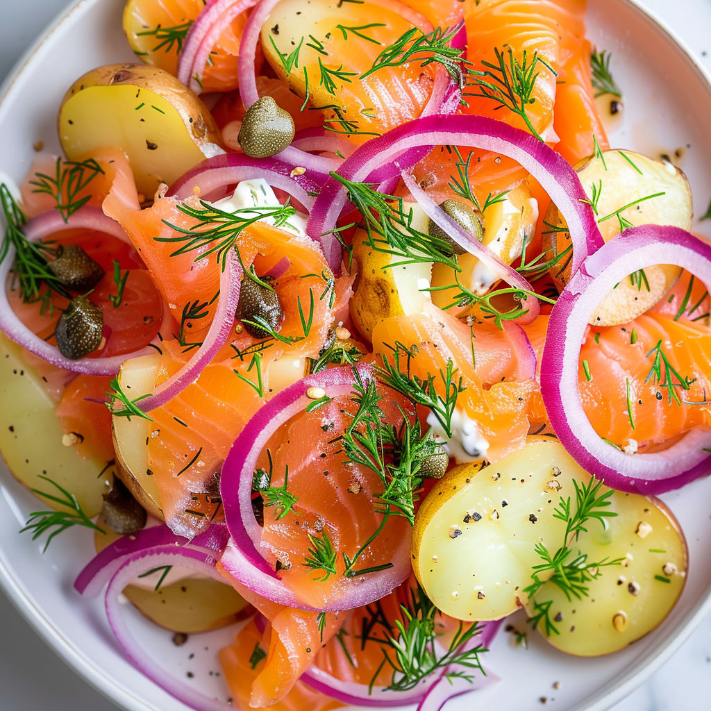 Une salade nordique gourmande est servie dans un bol, composée de fruits de mer, de légumes et de viande.