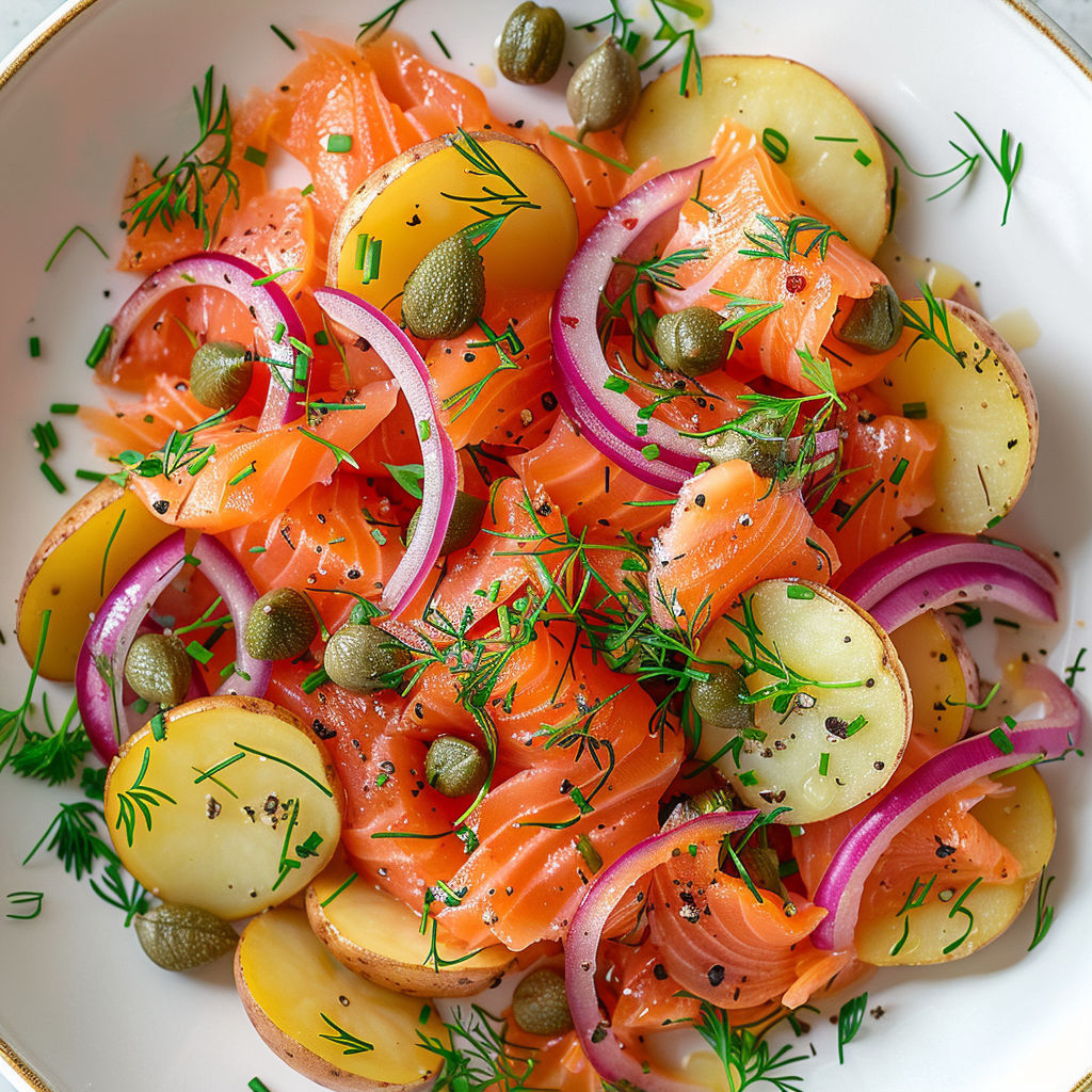 Une salade estivale composée de saumon fumé, de pommes de terre et d'épinards, servie sur un plateau en argent.
