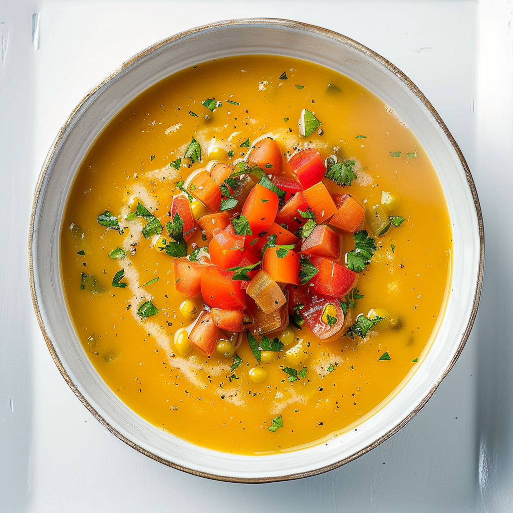 Un velouté ensoleillé avec des pois jaunes, des tomates, des herbes et du citron.