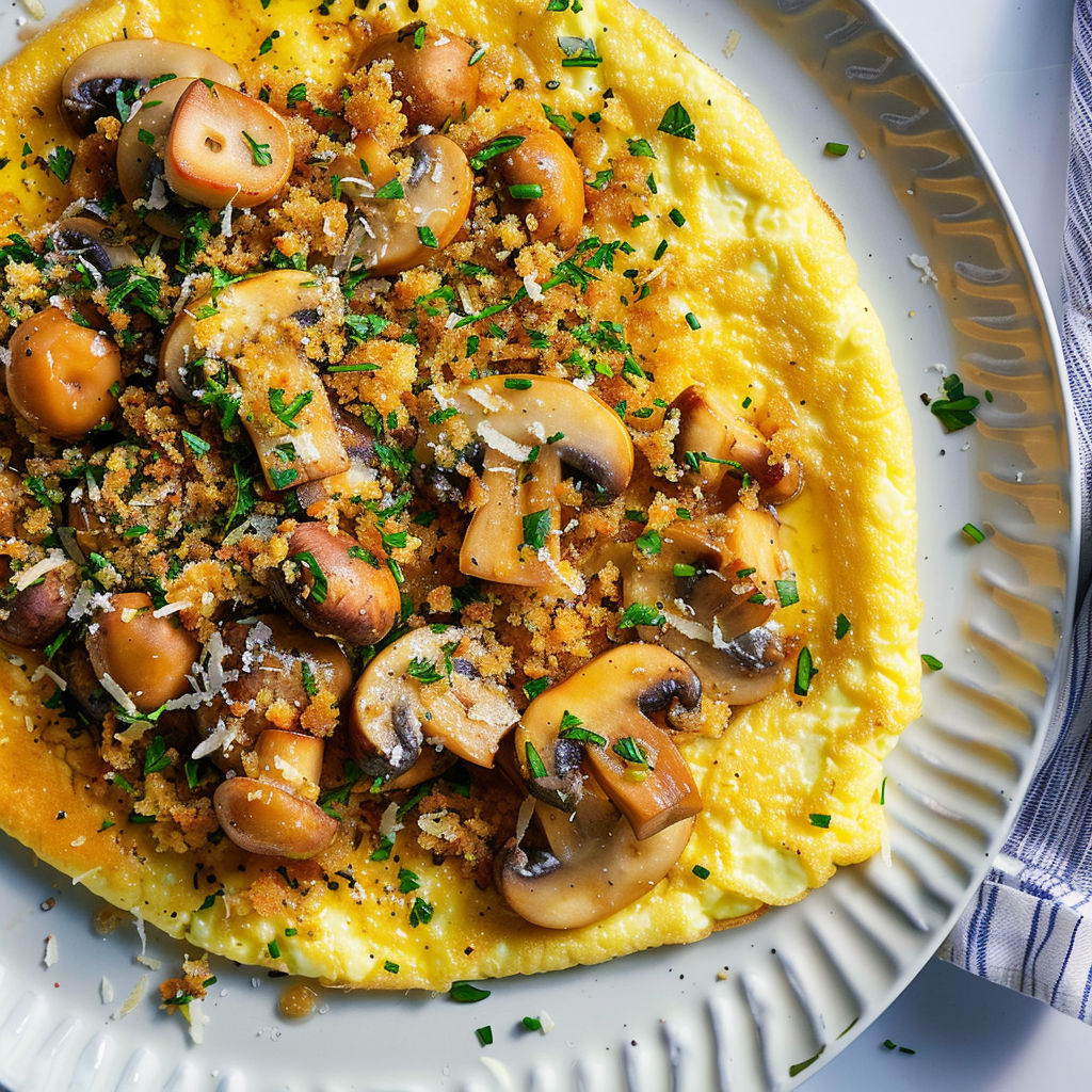 Une omelette aux champignons et chapelure aux herbes est servie sur un plateau.