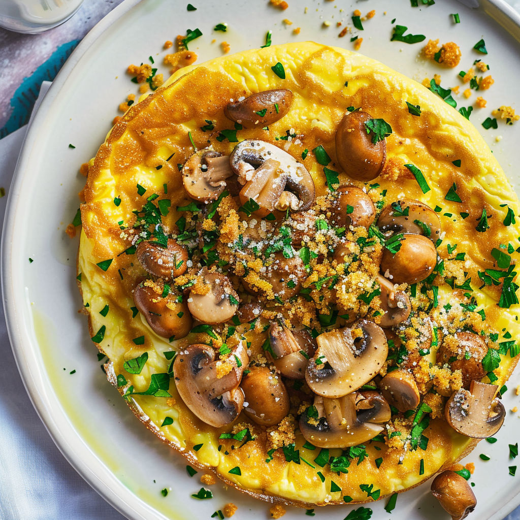 Une omelette aux champignons rôtis et chapelure croustillante aux herbes est servie sur un plateau.