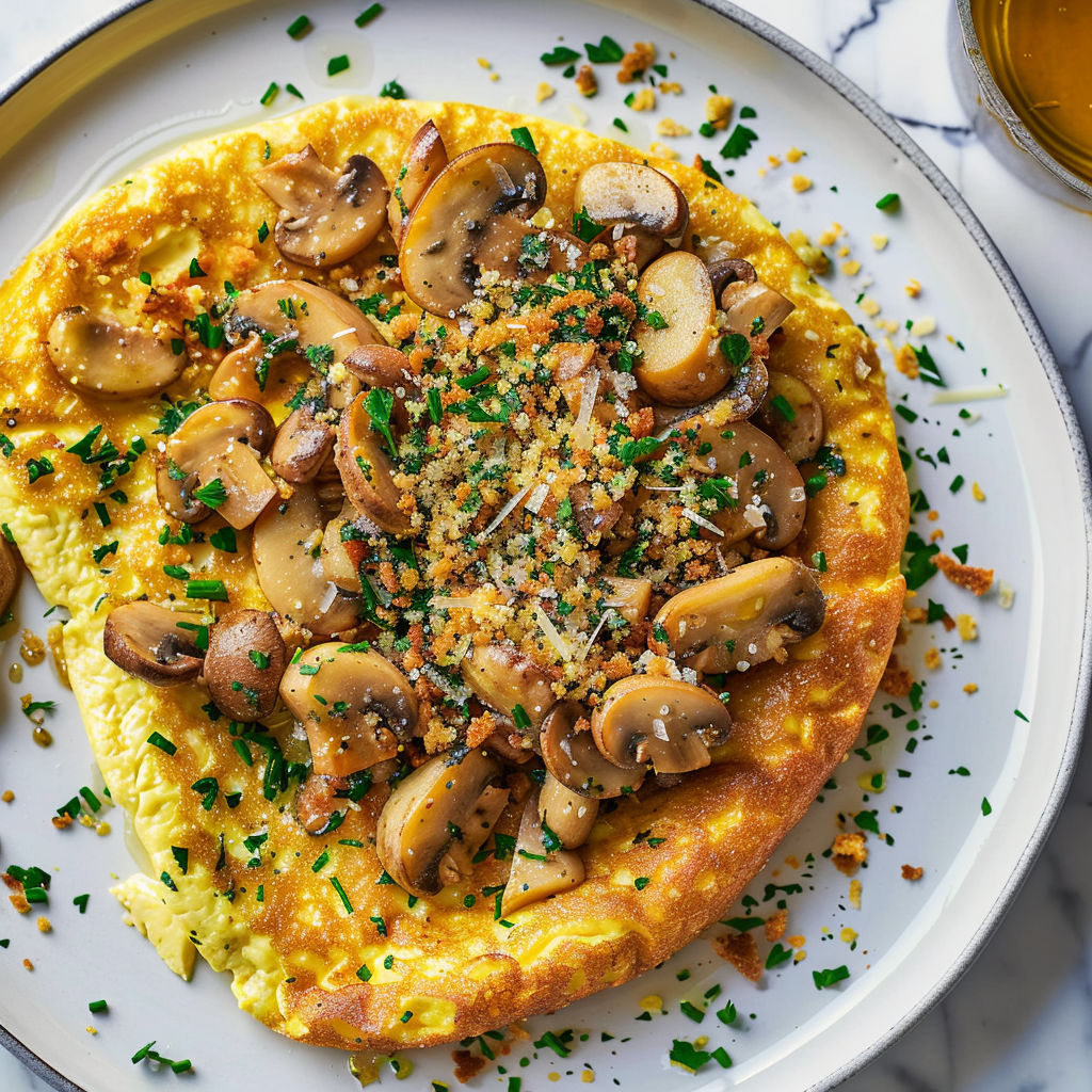 Une omelette gourmande aux champignons dorés et croûtons aux fines herbes est servie sur un plateau.