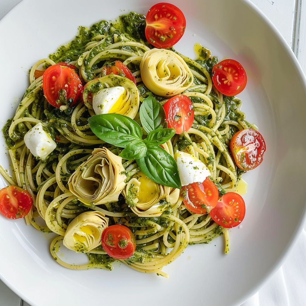 Une plate de spaghettis savoureux au pesto, artichauts fondants et éclats de tomates cerises.