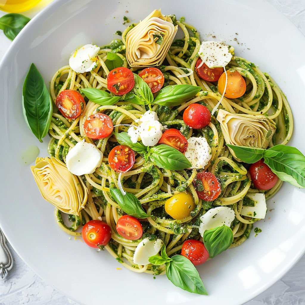Une plate de spaghettis gourmands au basilic, bocconcini, artichauts et tomates.