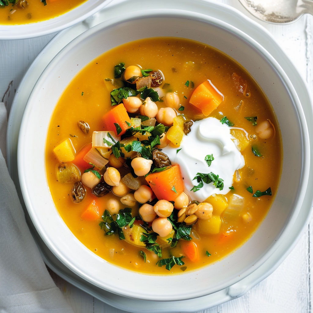 Une soupe réconfortante aux légumes d'hiver, pois chiches et épices douces.