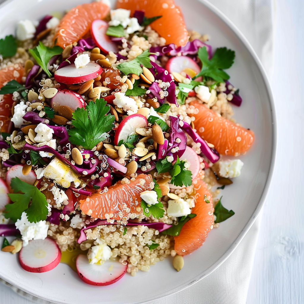 Une salade de fruits et légumes, avec des oranges, des raisins, des pamplemousses, des noix, des épinards et des fromages.