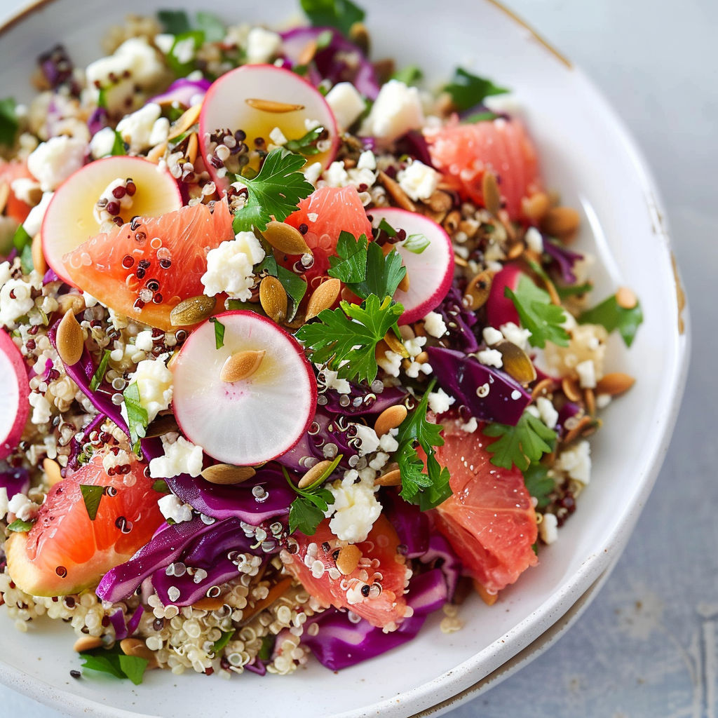 Une salade de fruits et graines, avec des raisins, des pamplemousses, des noix, des pêches, des cranberries et des épinards, est servie dans un bol.