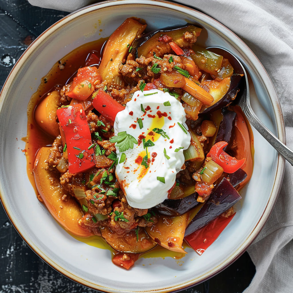 Un plat de ragoût d'aubergine à la viande avec des légumes et des épices.