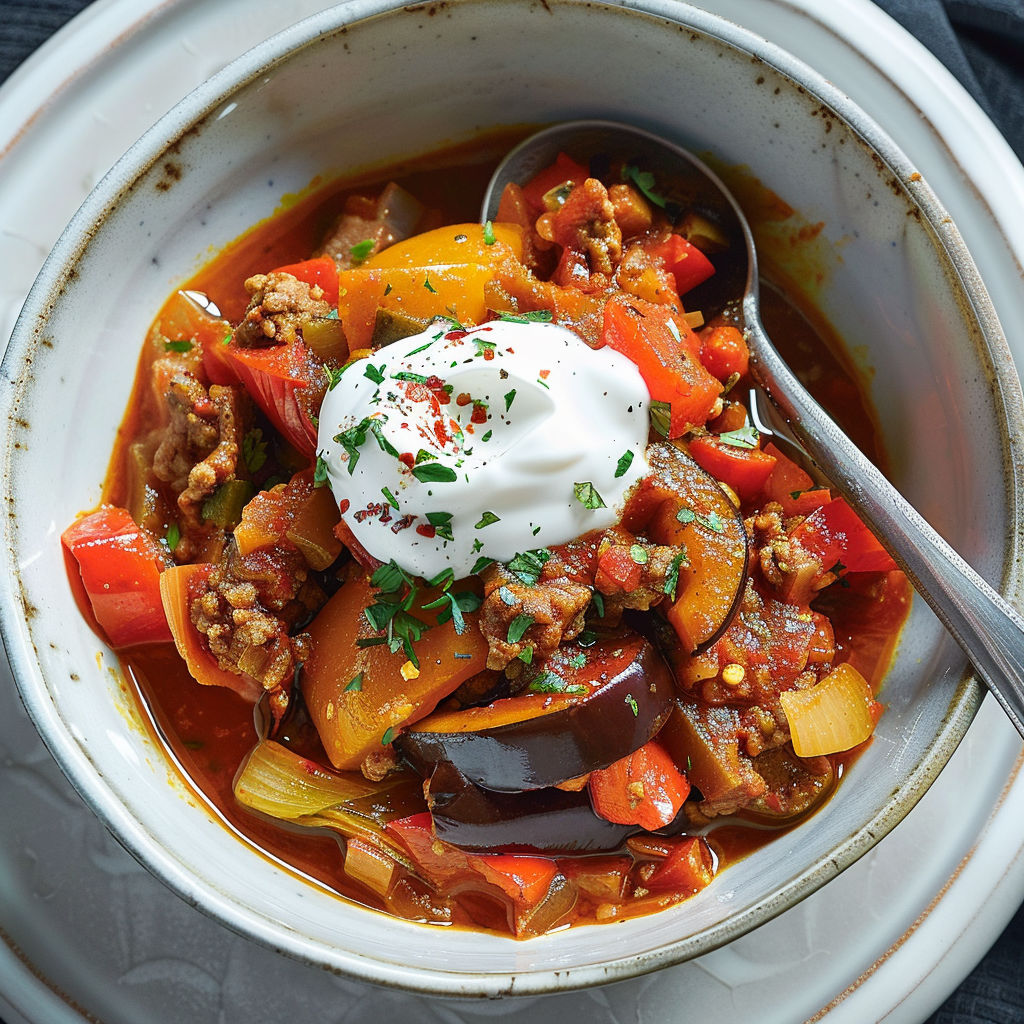 Ragoût d'aubergine mijoté avec viande hachée et poivrons colorés.