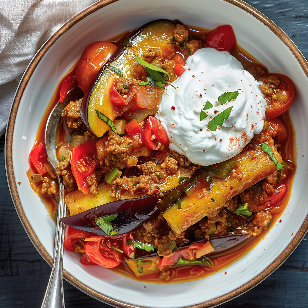 Bol de ragoût d'aubergine garni de yogourt grec et d'origan.