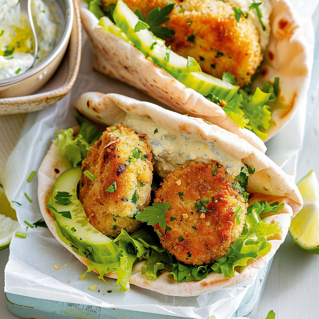 Pitas garnis de croquettes de poisson dorées, laitue croquante et rubans de concombre frais.