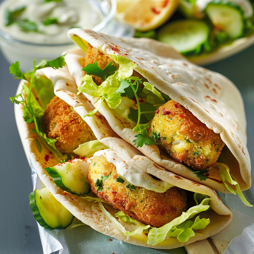 Un sandwich pita savoureux rempli de croquettes de poisson, légumes frais et sauce citronnée.