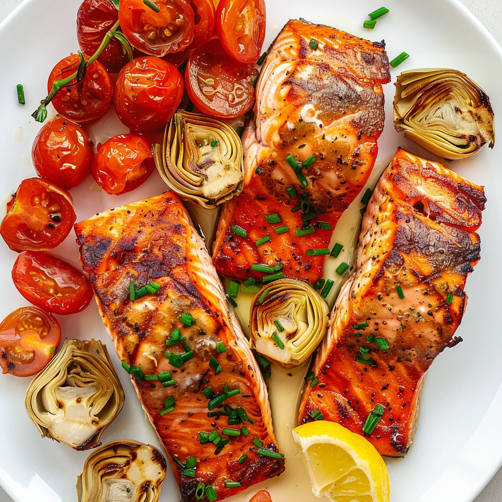 Une plaque de porcelaine avec des tomates confites, des artichauts et du saumon grillé, accompagnés d'une cuillère et d'une fourchette.