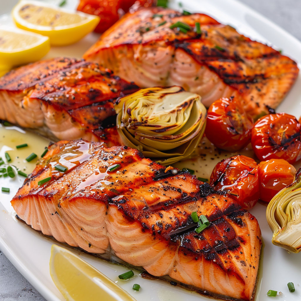 Saumon grillé avec légumes mijotés et citron.