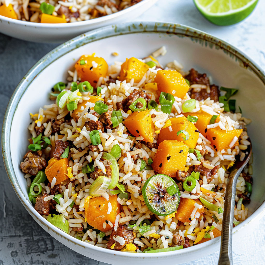 Un plat de riz et de légumes avec des carottes et des pommes.