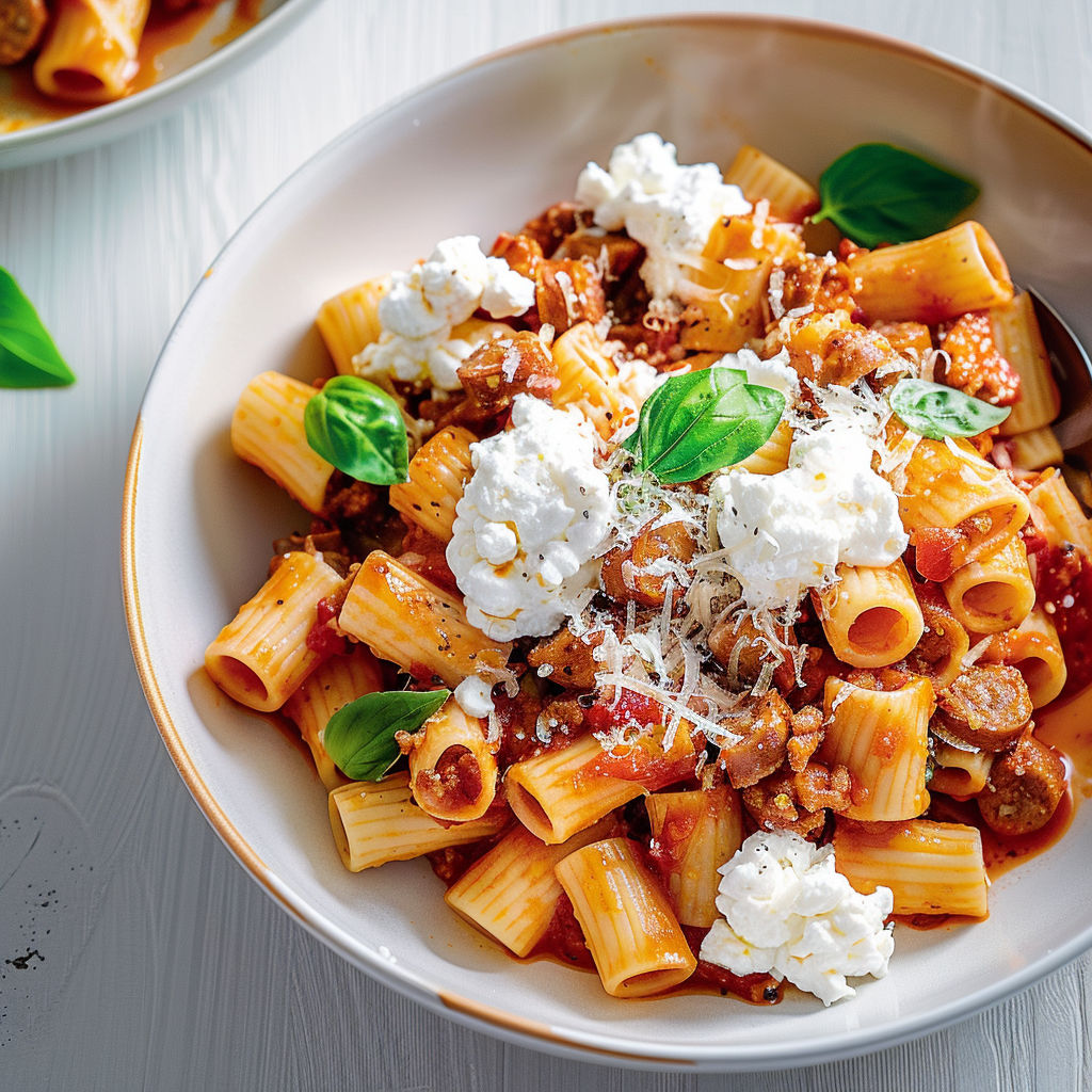 Un plat de pâtes courtes enrobées d'une sauce crémeuse à la saucisse italienne, garnis de fromage ricotta onctueux et copeaux de parmesan.