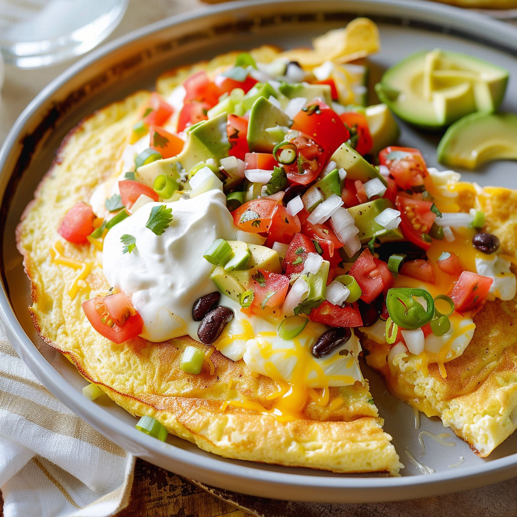 Une omelette mexicaine moelleuse au fromage, surmontée d'une salsa acidulée et d'herbes croquantes.